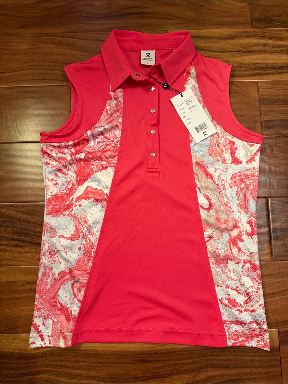 Daily Sports Bright Coral Marble-Print Sleeveless Polo Tank